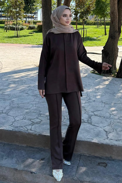 Two-piece Set With Stitching Detail | Brown – NEOMODEST product image 4