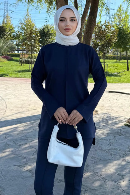 Two-piece Set With Stitching Detail | Navy Blue – NEOMODEST product image 7
