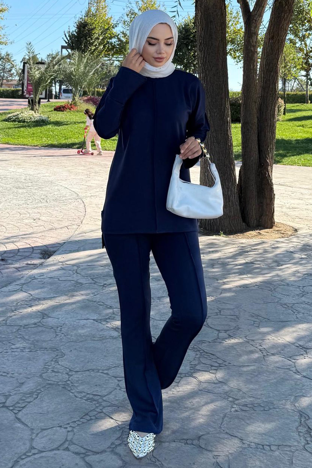 Two-piece Set With Stitching Detail | Navy Blue – NEOMODEST product image 1