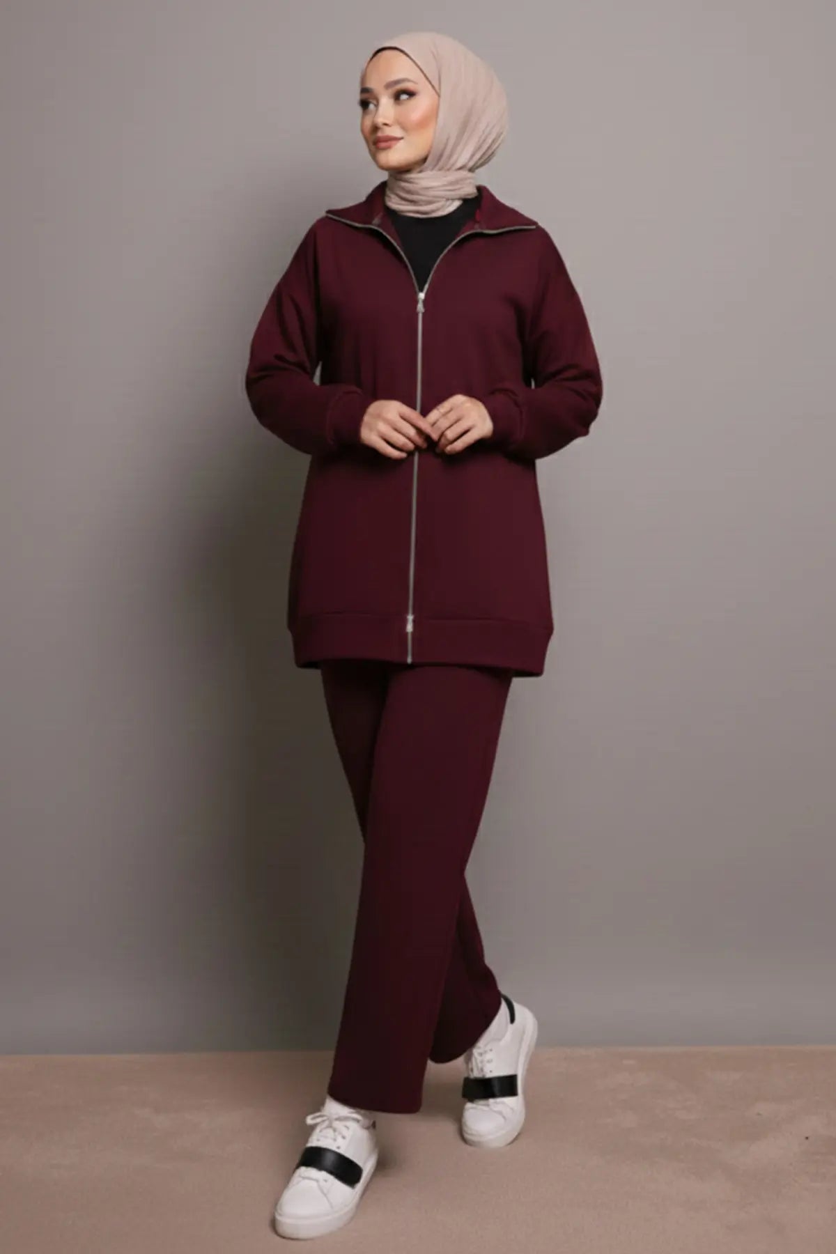 Two-piece Zip-up Set | Claret Red – NEOMODEST product image 2