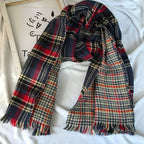 Retro British Checkered Tassel Scarf for Women Double-sided Faux Cashmere Shawl Scarf for Autumn and Winter - navy