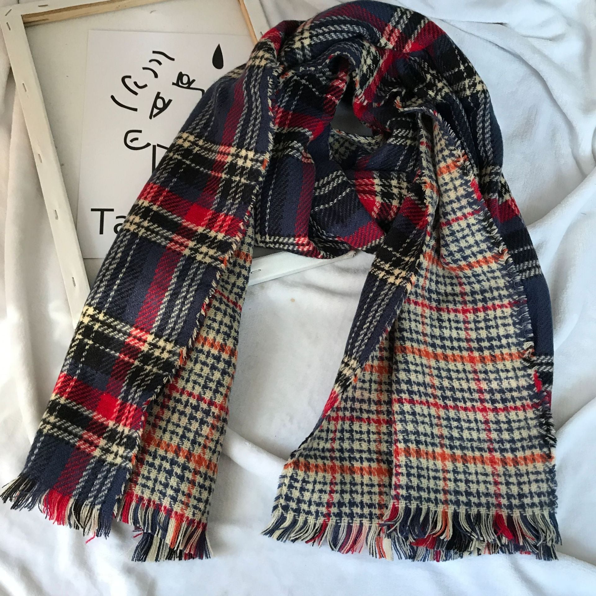 Retro British Checkered Tassel Scarf for Women Double-sided Faux Cashmere Shawl Scarf for Autumn and Winter - navy