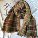Retro British Checkered Tassel Scarf for Women Double-sided Faux Cashmere Shawl Scarf for Autumn and Winter - green