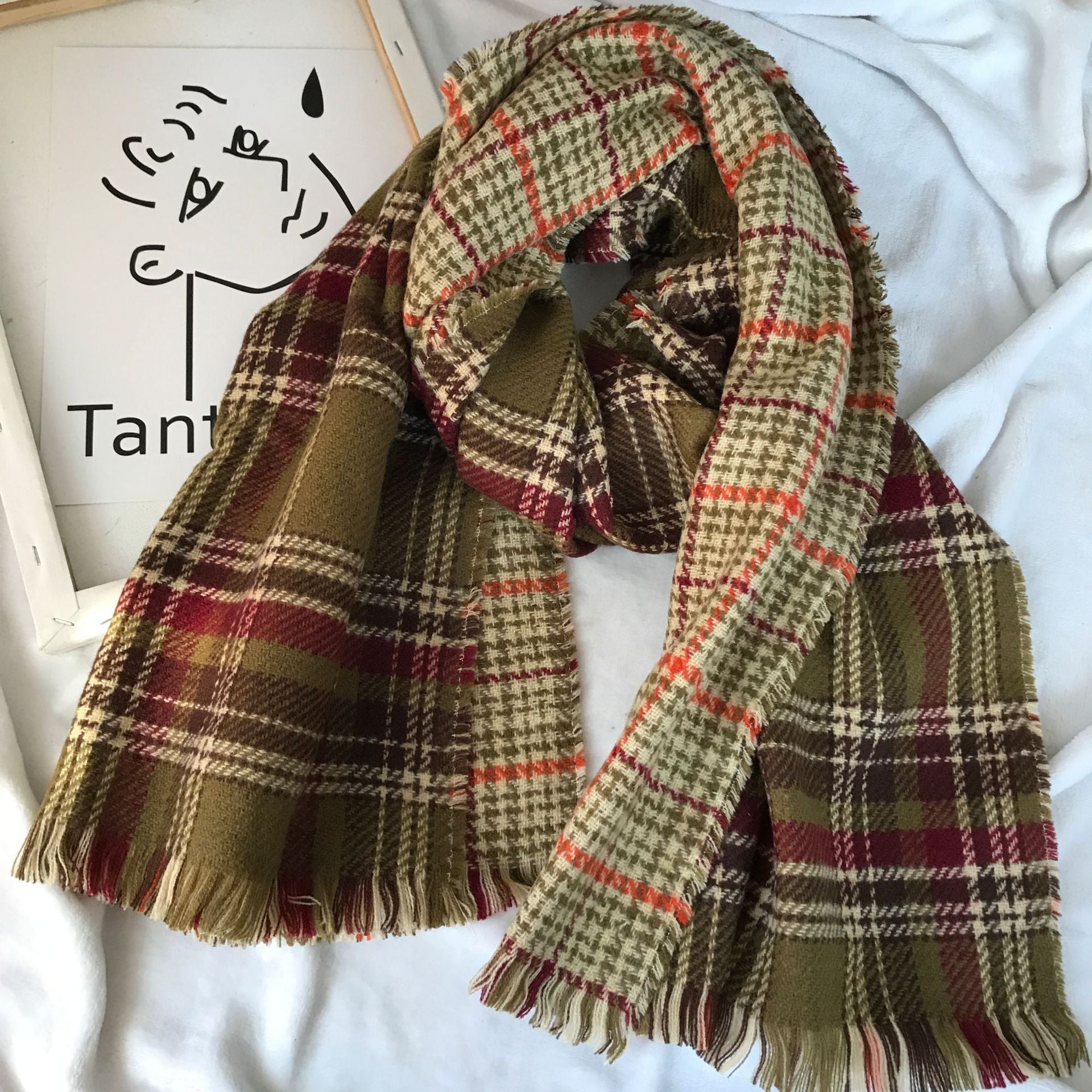 Retro British Checkered Tassel Scarf for Women Double-sided Faux Cashmere Shawl Scarf for Autumn and Winter - green