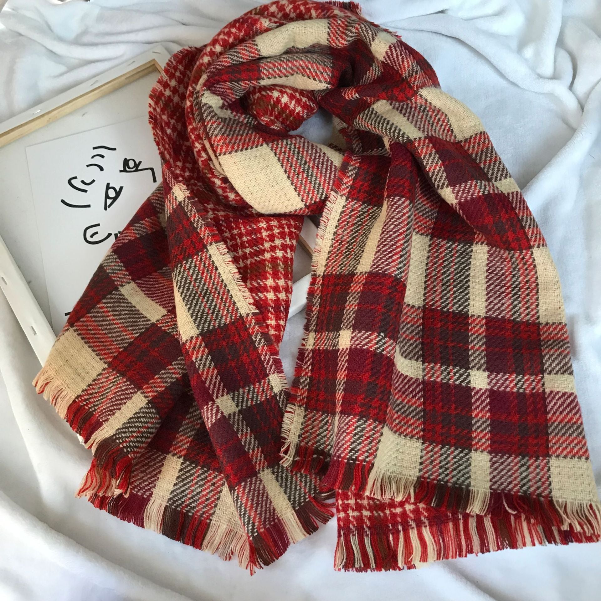 Retro British Checkered Tassel Scarf for Women Double-sided Faux Cashmere Shawl Scarf for Autumn and Winter - Scarf