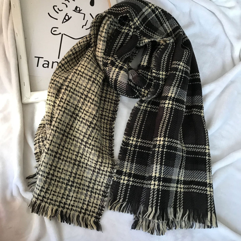Retro British Checkered Tassel Scarf for Women Double-sided Faux Cashmere Shawl Scarf for Autumn and Winter - black