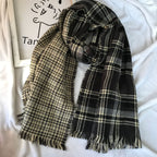 Retro British Checkered Tassel Scarf for Women Double-sided Faux Cashmere Shawl Scarf for Autumn and Winter - black