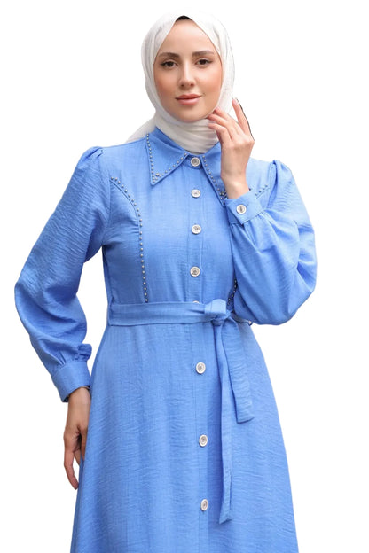 Women's Beaded Detail Modest Dress in Blue – NEOMODEST product image 2