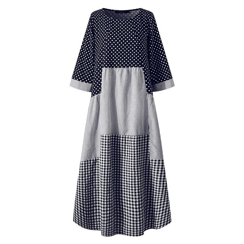 Women’s Bohemian Patchwork Dress - Blue / 2XL - Dress