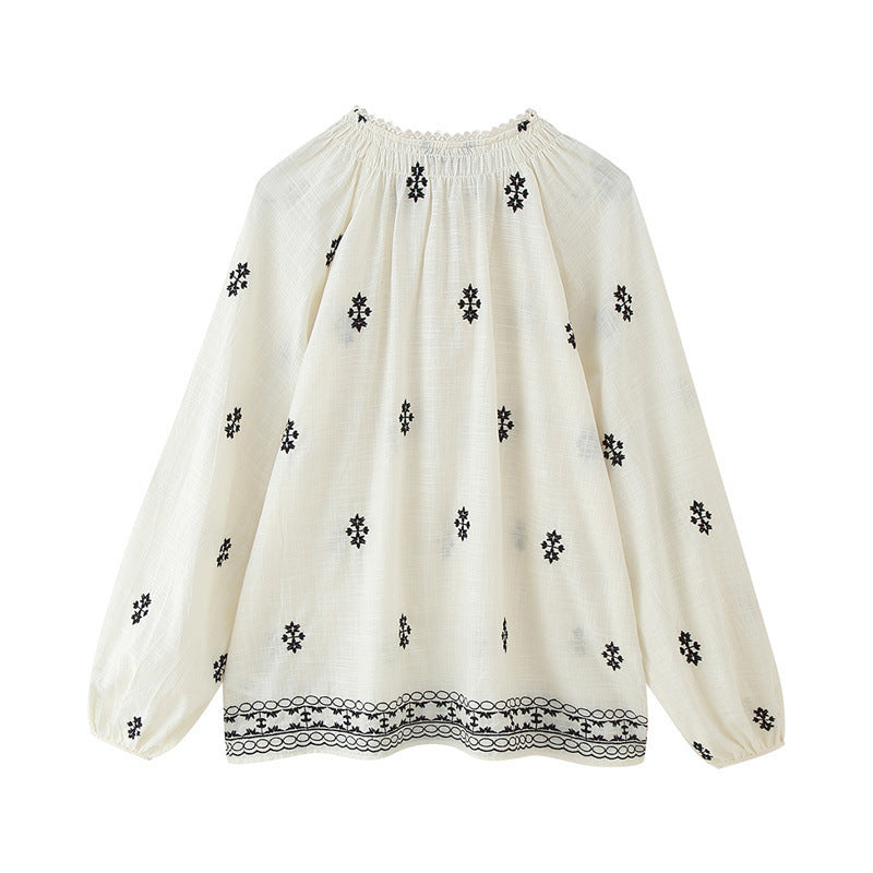 Women’s Casual Long Sleeve Lace-up Embroidered Blouse - Blouse