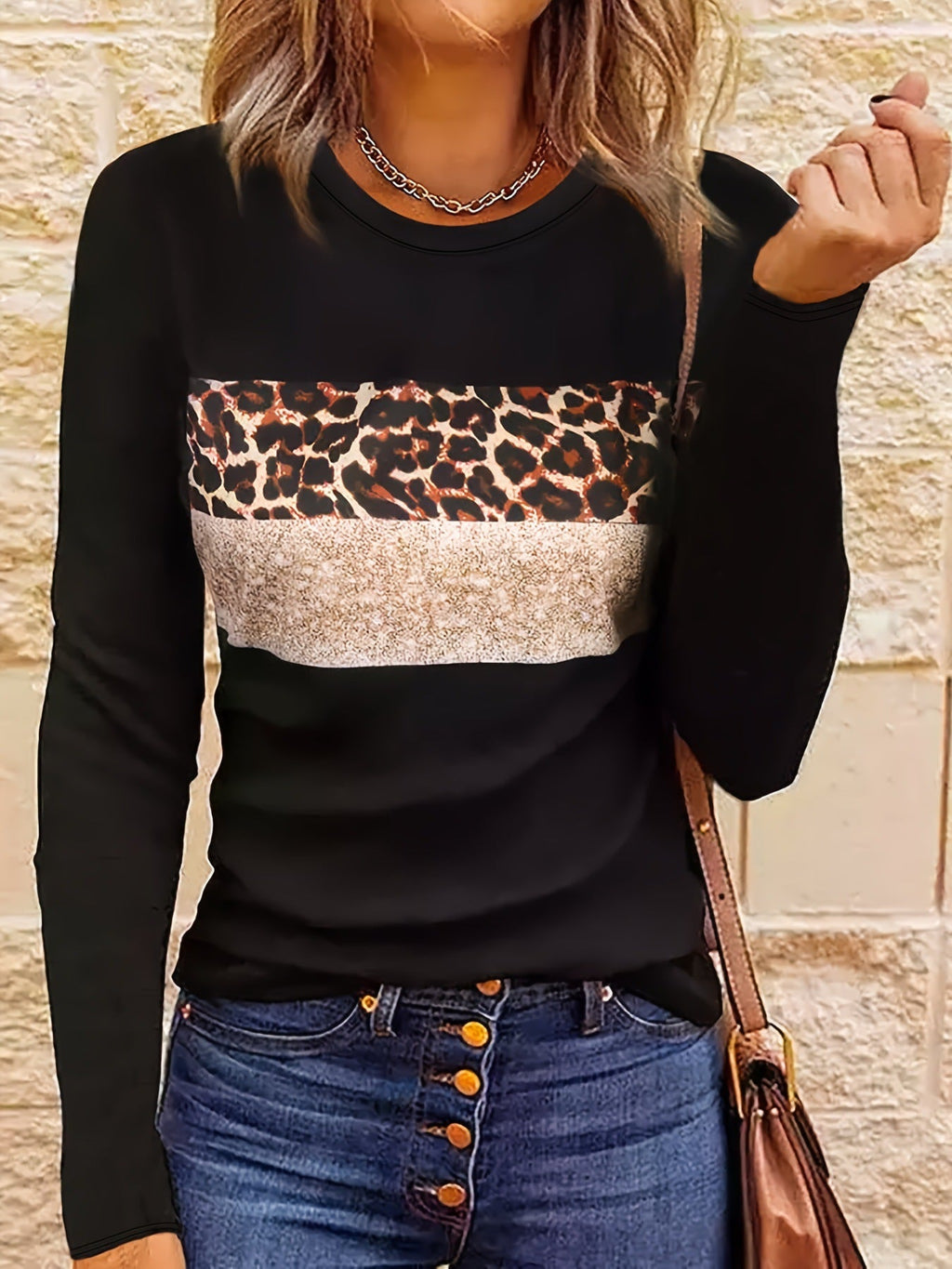 Women’s Casual Printing Long Sleeved Fitted T-shirt - Black / L - t-shirt