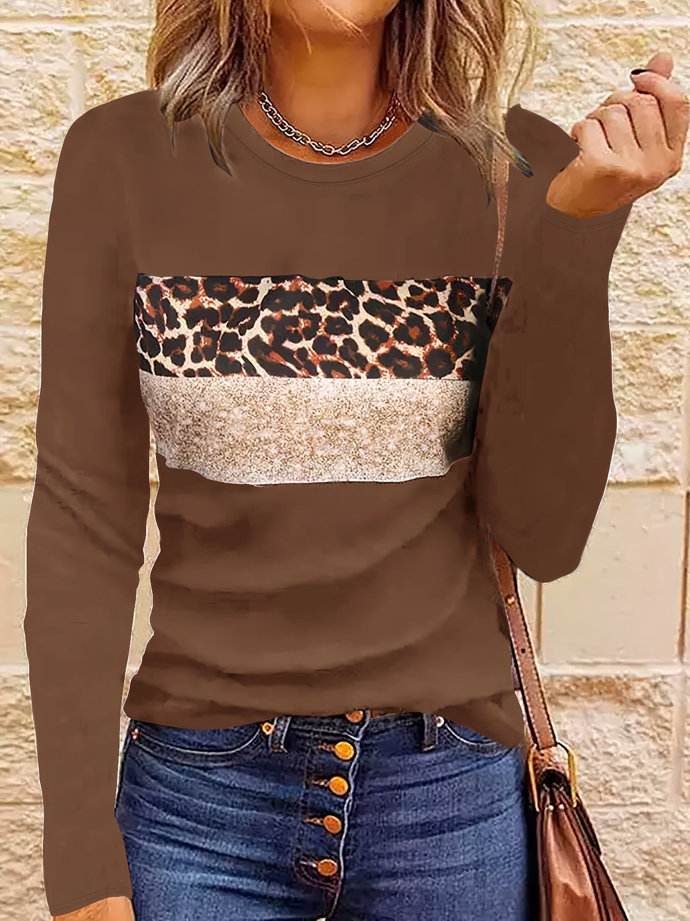 Women’s Casual Printing Long Sleeved Fitted T-shirt - Dark Brown / L - t-shirt
