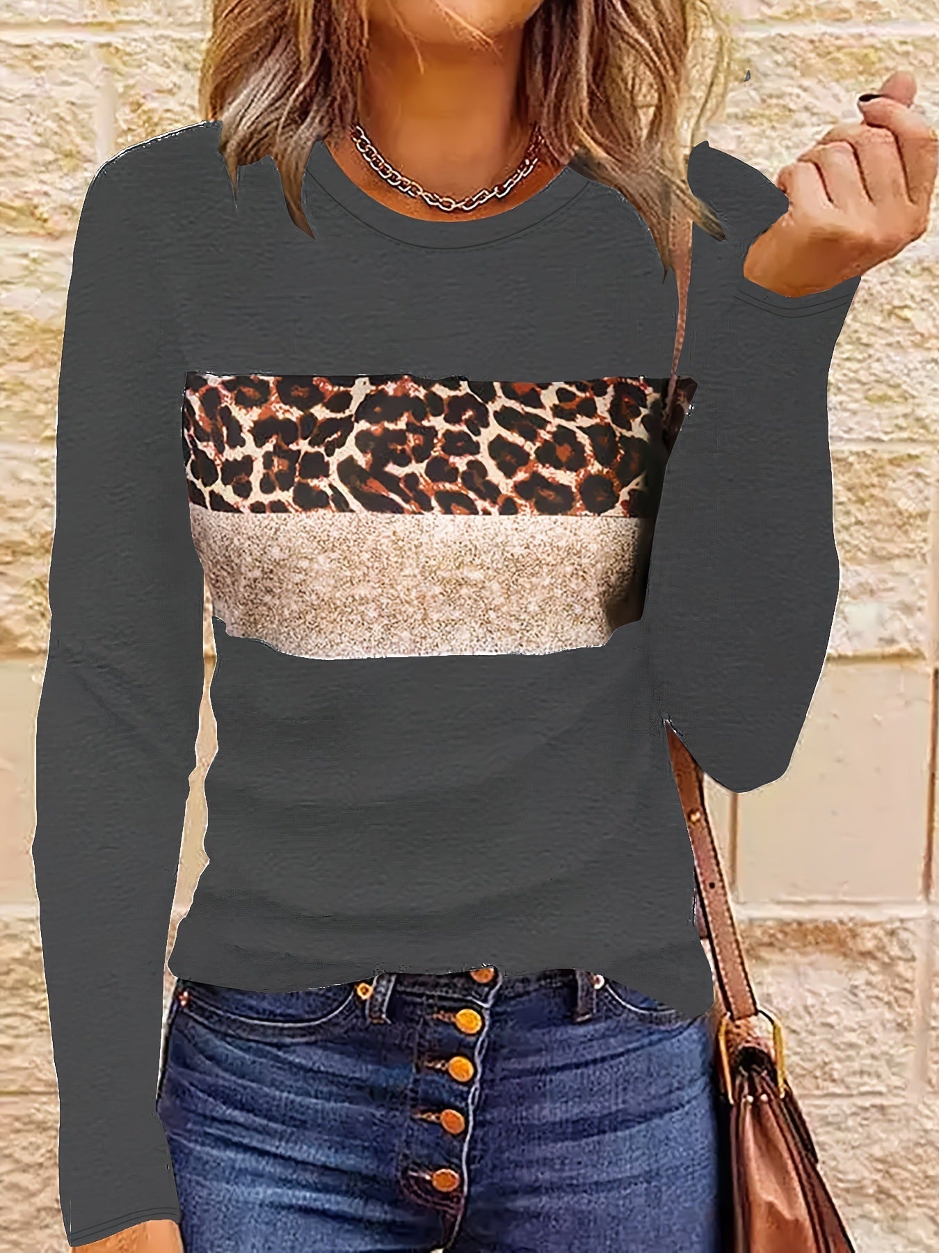 Women’s Casual Printing Long Sleeved Fitted T-shirt - Dark Gray / L - t-shirt
