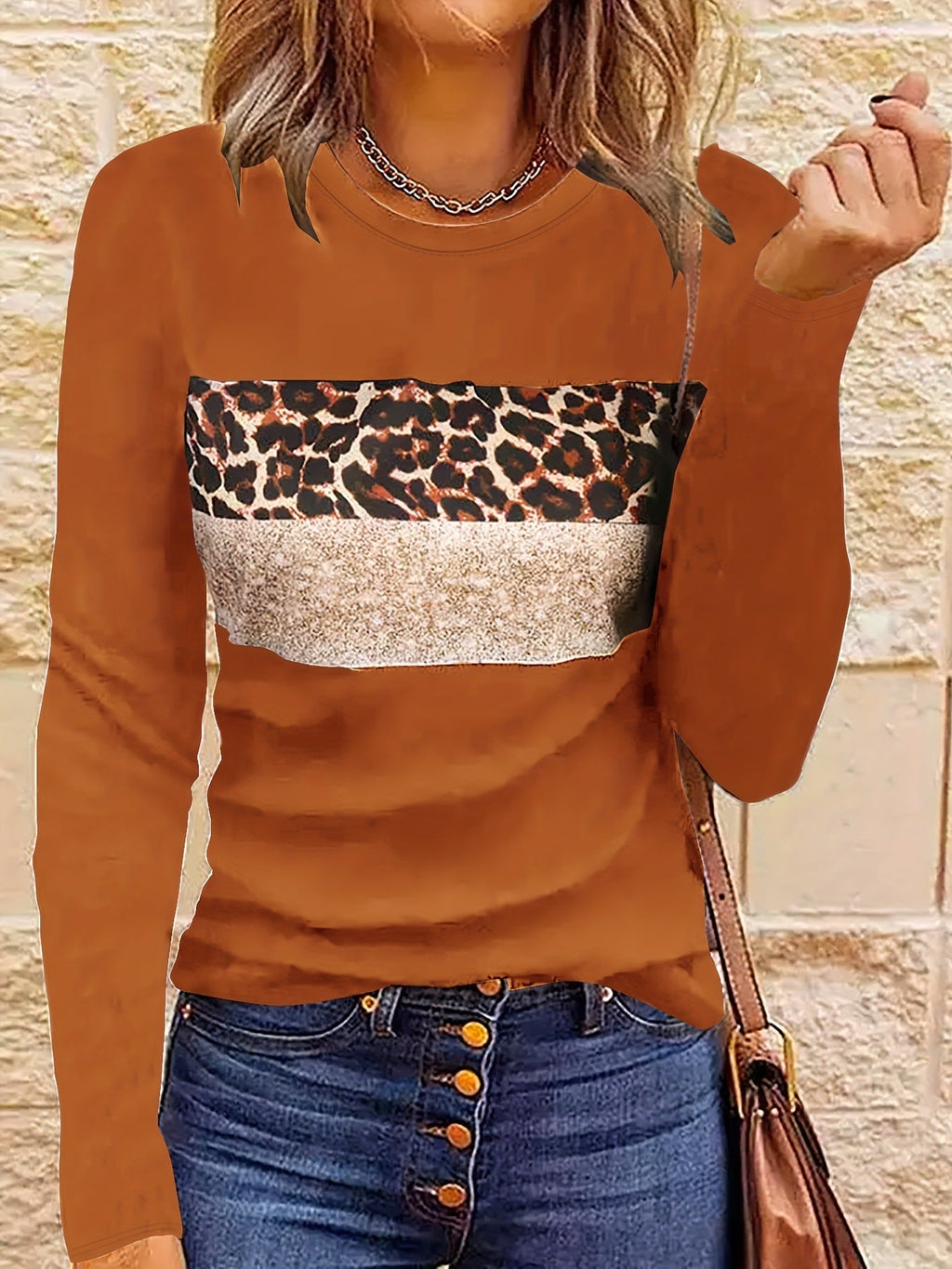 Women’s Casual Printing Long Sleeved Fitted T-shirt - Light Brown / L - t-shirt