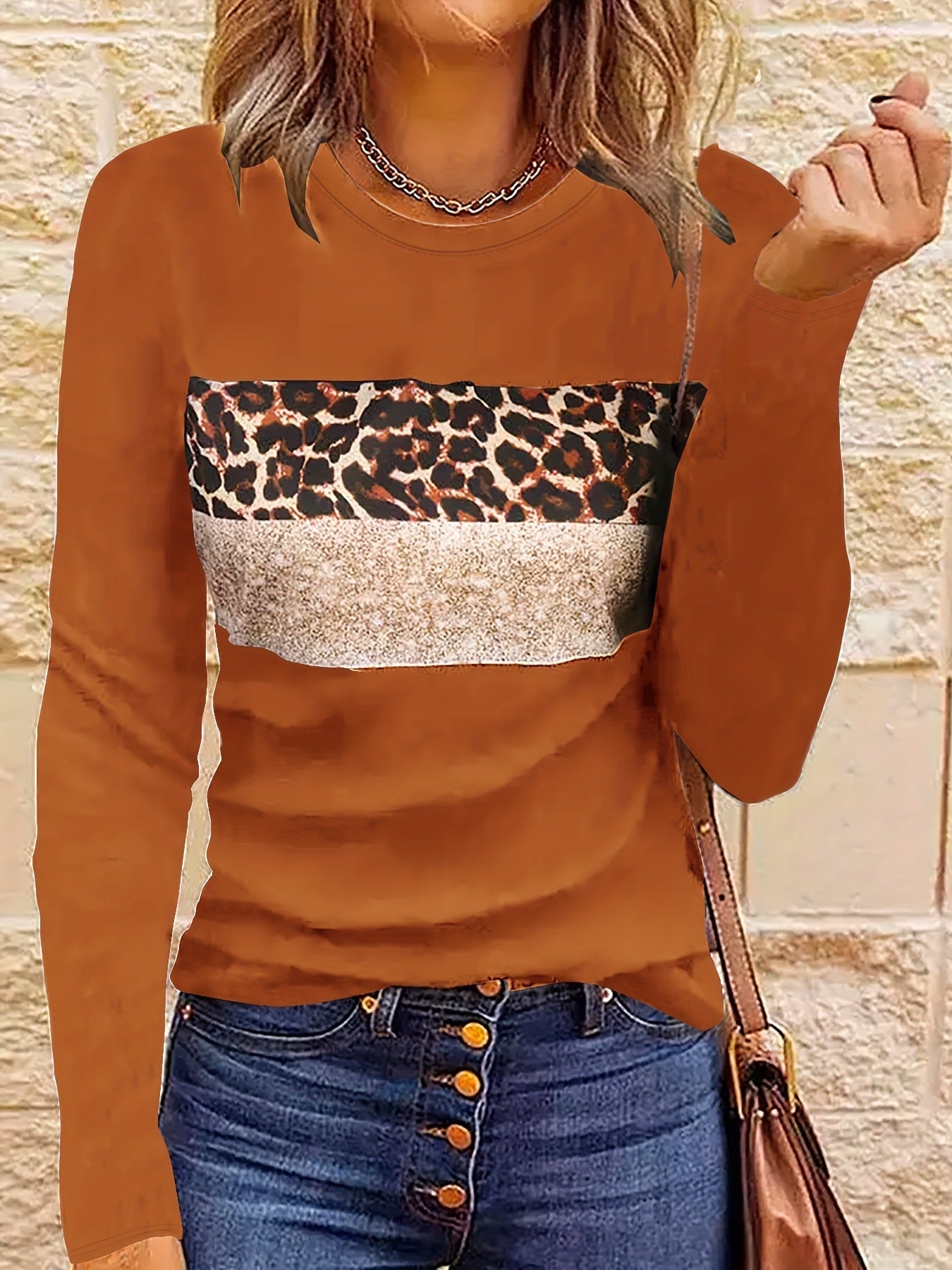 Women’s Casual Printing Long Sleeved Fitted T-shirt - Light Brown / L - t-shirt
