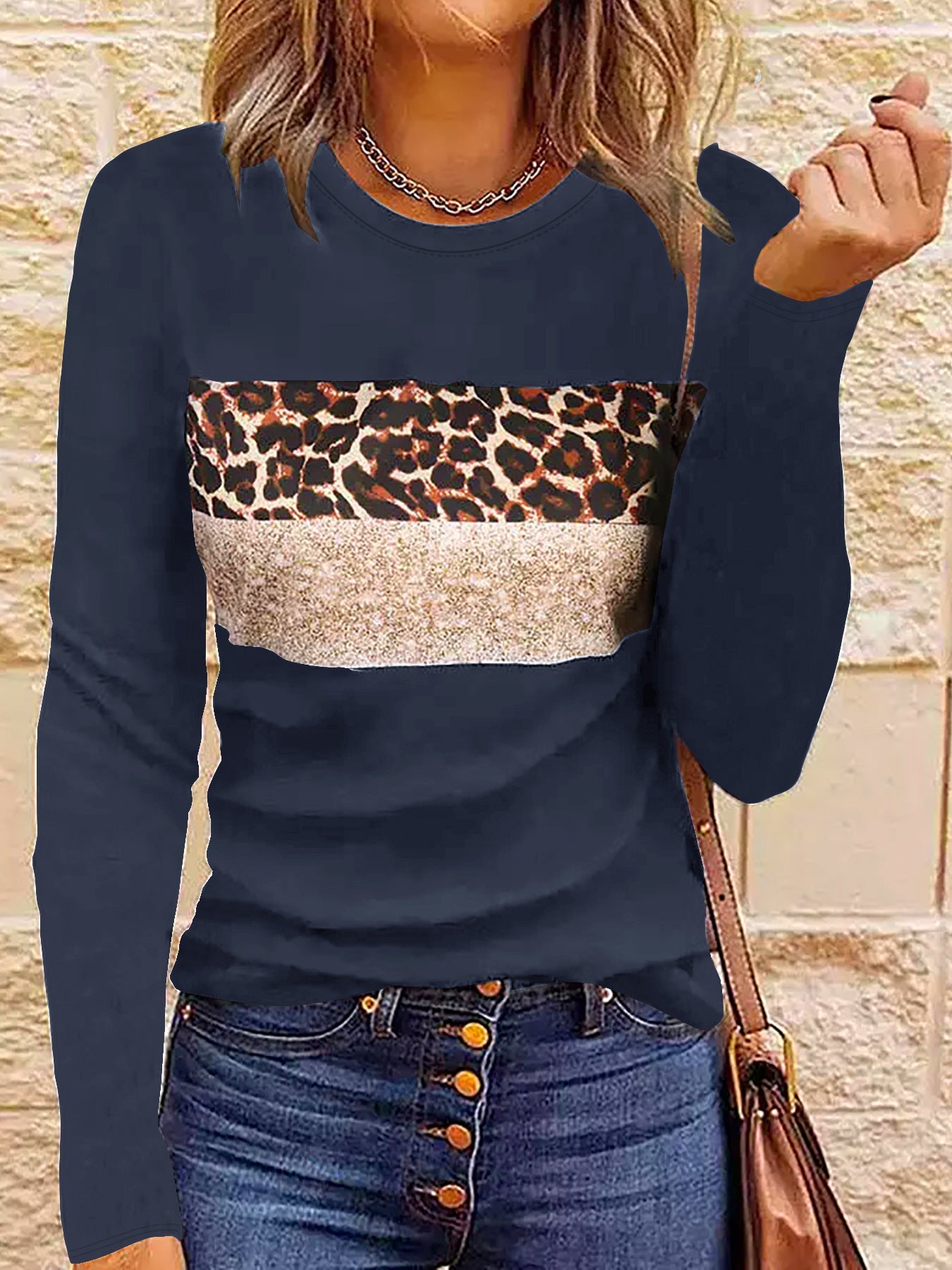 Women’s Casual Printing Long Sleeved Fitted T-shirt - Navy Blue / L - t-shirt