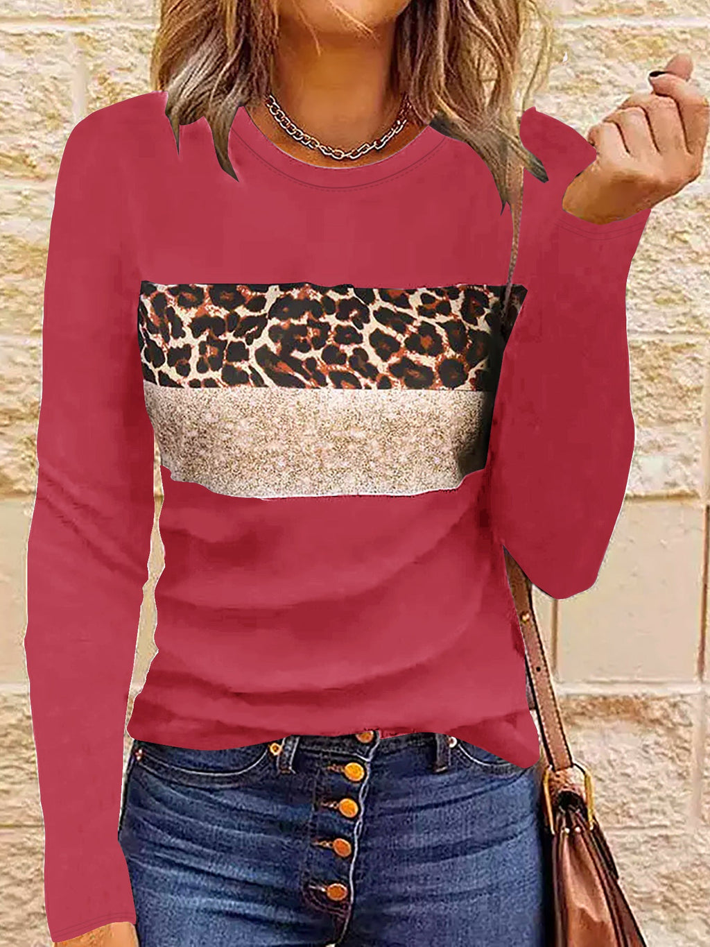 Women’s Casual Printing Long Sleeved Fitted T-shirt - Rose Red / L - t-shirt
