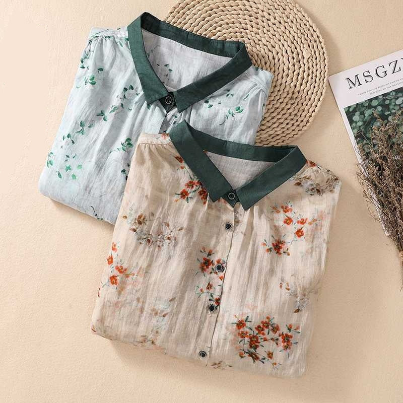 Women’s Cotton And Linen Top Loose Printed Linen Shirt - Blouse