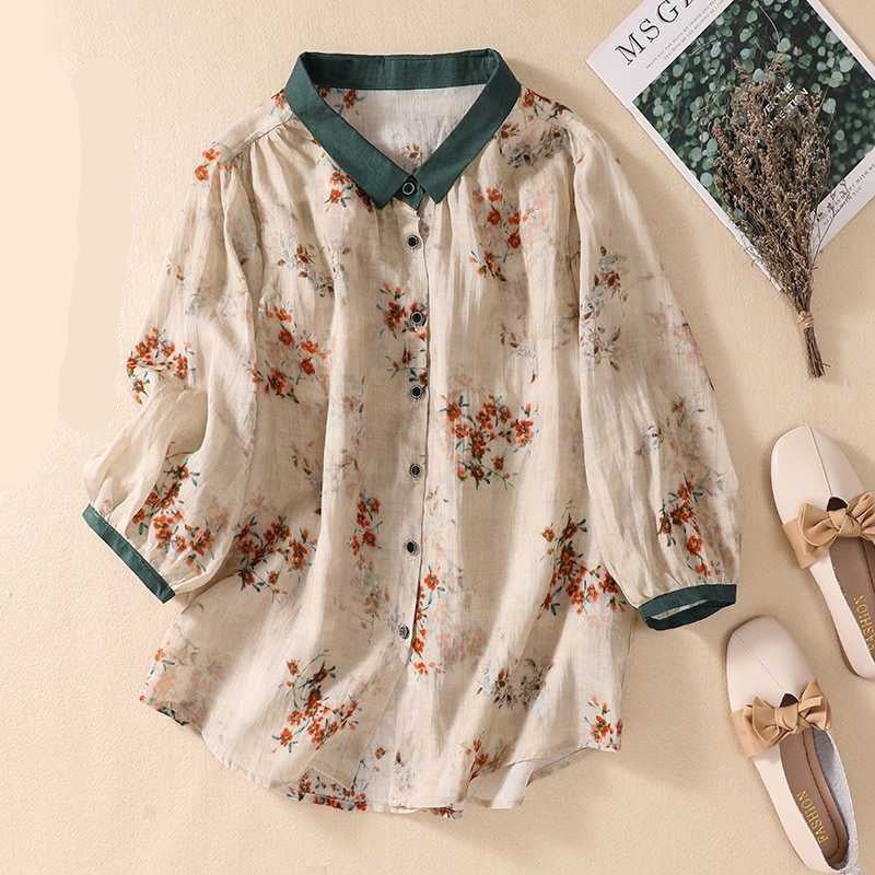 Women’s Cotton And Linen Top Loose Printed Linen Shirt - Red / 2XL - Blouse