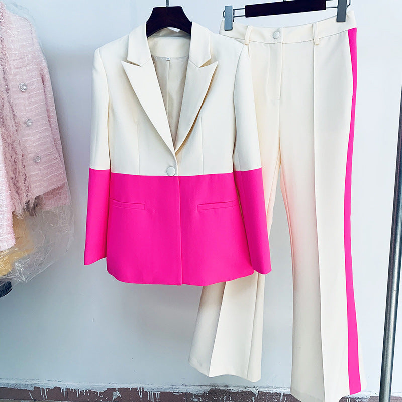 Women’s Elegant One Buttoned Colour Matching Two Pieces Suit - Apricot and pink / 2XL - 2-pieces set
