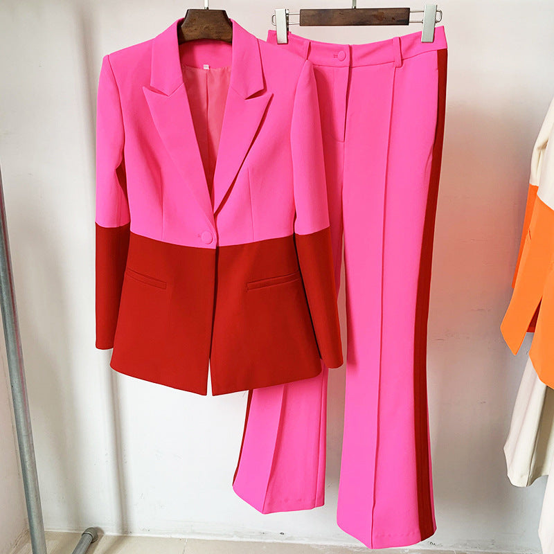 Women’s Elegant One Buttoned Colour Matching Two Pieces Suit - Pink and red / 2XL - 2-pieces set