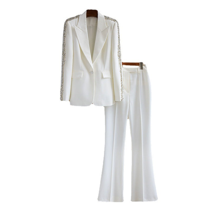 Women’s Embellished Evening Suit Luxury Suit Coat with Wide Leg Trousers