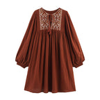 Women’s Embroidered Crew Neck Short Dress - Wine Red / L - Women’s Short Dress
