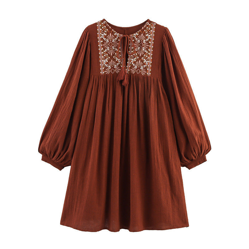 Women’s Embroidered Crew Neck Short Dress - Wine Red / L - Women’s Short Dress