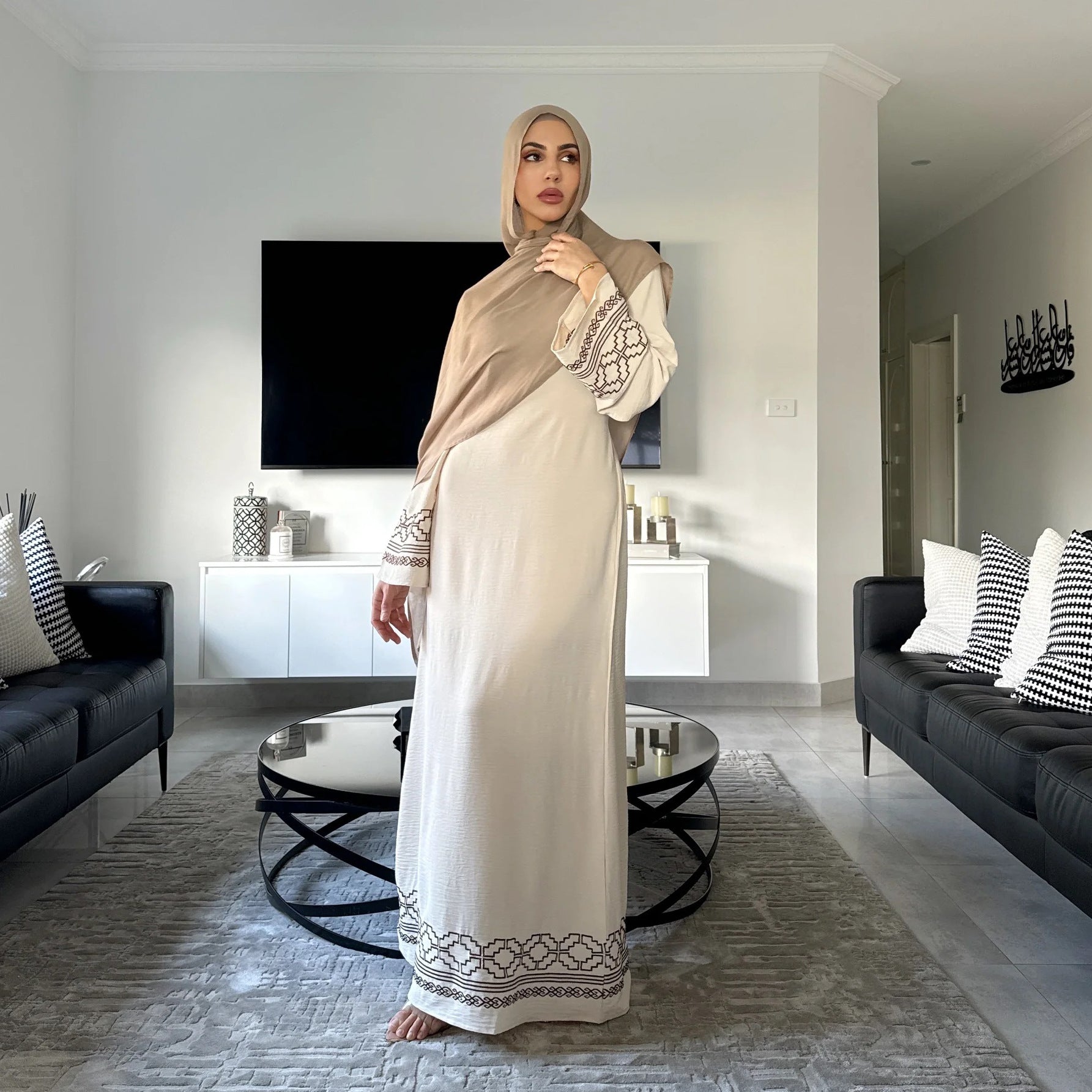 Women’s Embroidered Modest Dress - Apricot / L