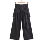 Women’s Fake Two-pieces Lace-up Wide-leg Pants - Black / L - Pants
