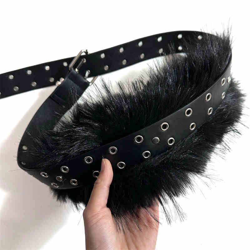 Women’s Fur Stitching Luxury Belt - Black - Fashion Belt