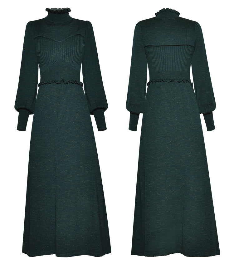 Women’s High-Neck Lantern Sleeved Evening Dress - Dark green / L - Dress