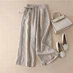 Women’s High Waist Side Lace-up Retro Elastic-waist Casual Pants - Optic Linen / 2XL - Women’s Trousers