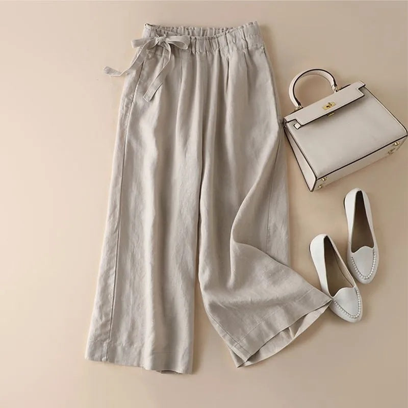 Women’s High Waist Side Lace-up Retro Elastic-waist Casual Pants - Optic Linen / 2XL - Women’s Trousers