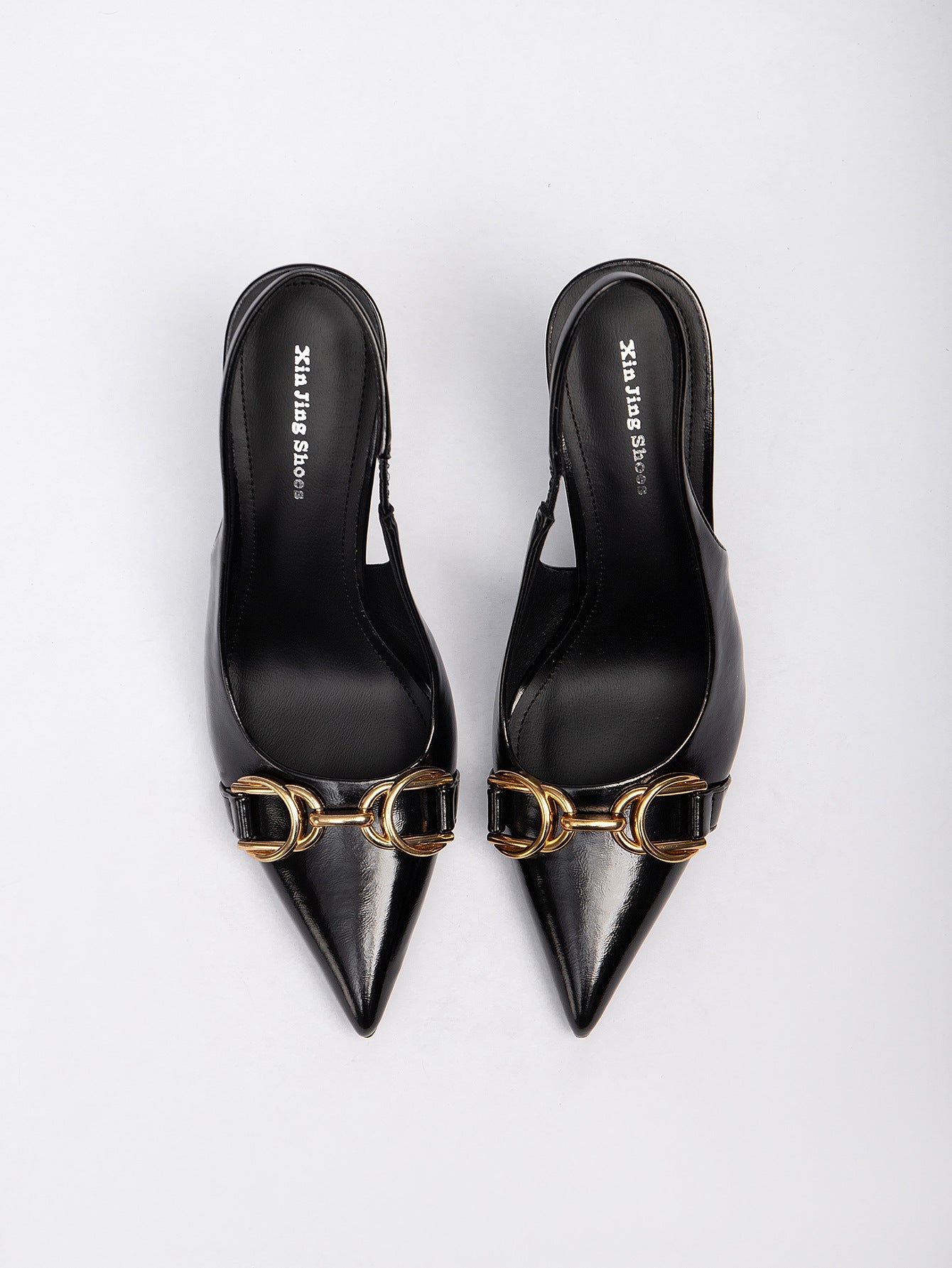Women’s Large-sized Pointed-Toe Shoes Metal Square High-heeled Shoes with Backheel Straps - BLACK / 37 - High heel shoes