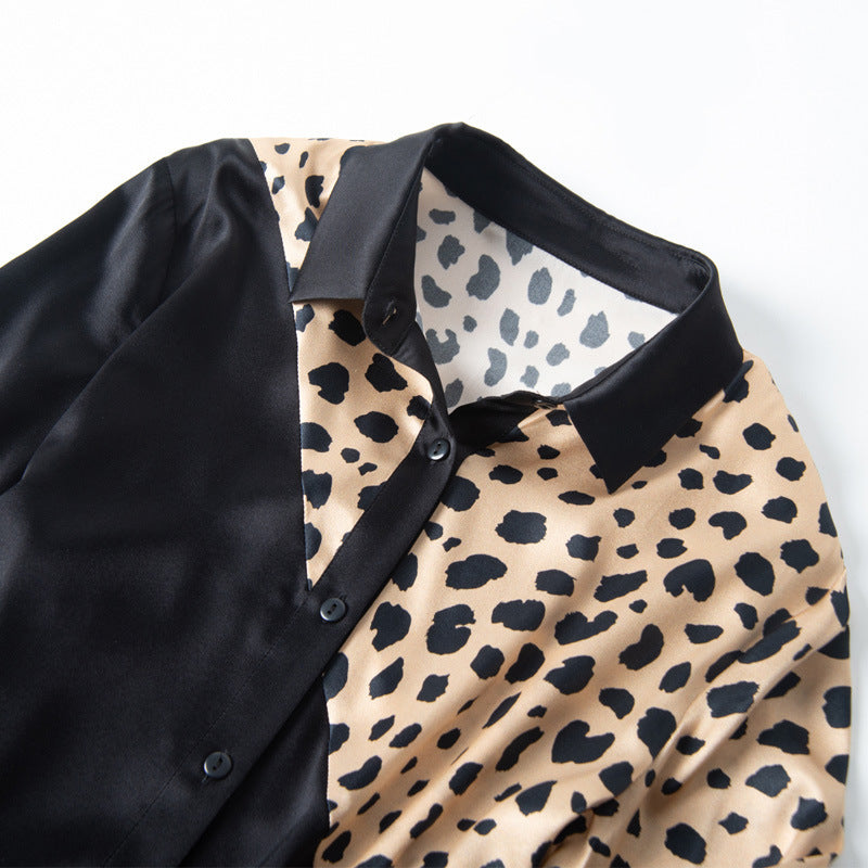 Women’s Leopard Print Long Sleeve Silk Shirt - Blouse