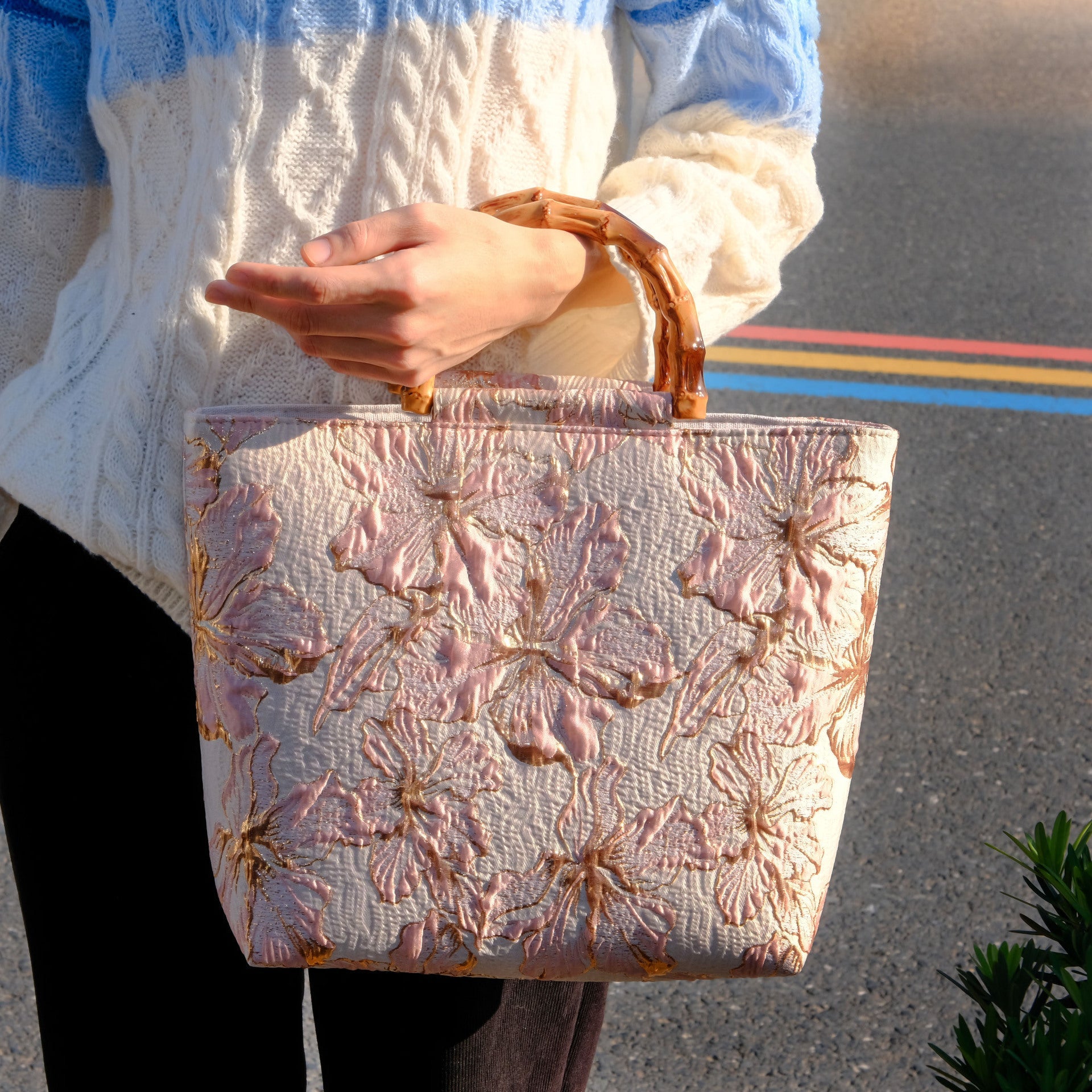 Women’s Light Blue Bronzing Flower Canvas Bag - Gold / 30x30x10 - Ladies’ handbags