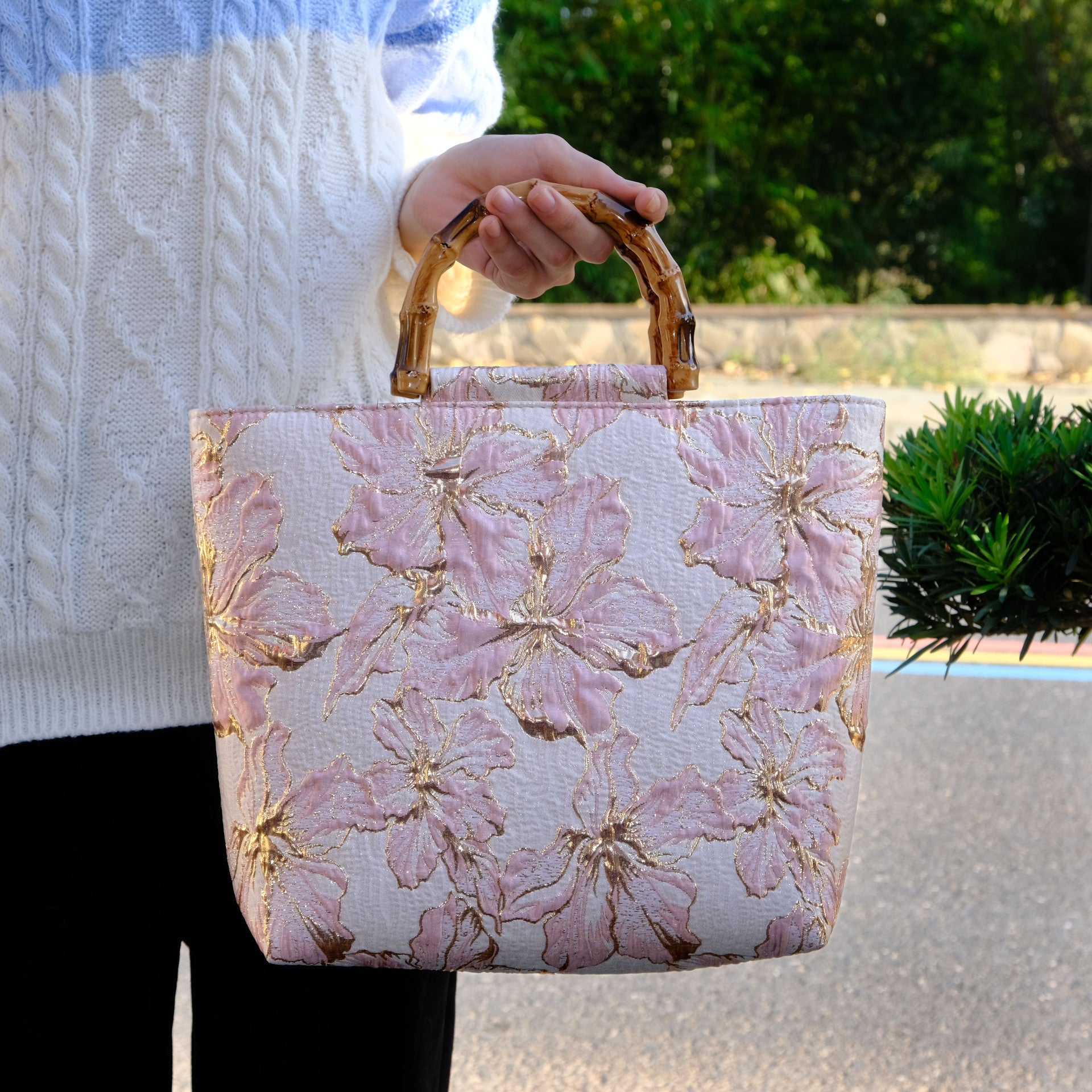 Women’s Light Blue Bronzing Flower Canvas Bag - Ladies’ handbags