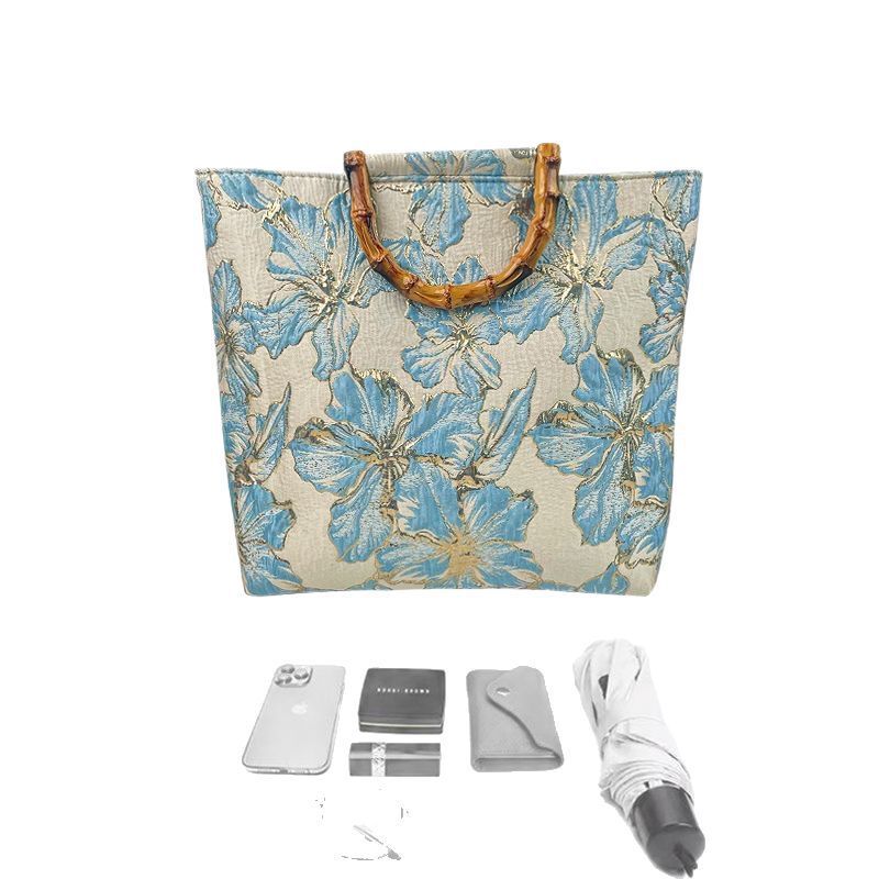 Women’s Light Blue Bronzing Flower Canvas Bag - Ladies’ handbags