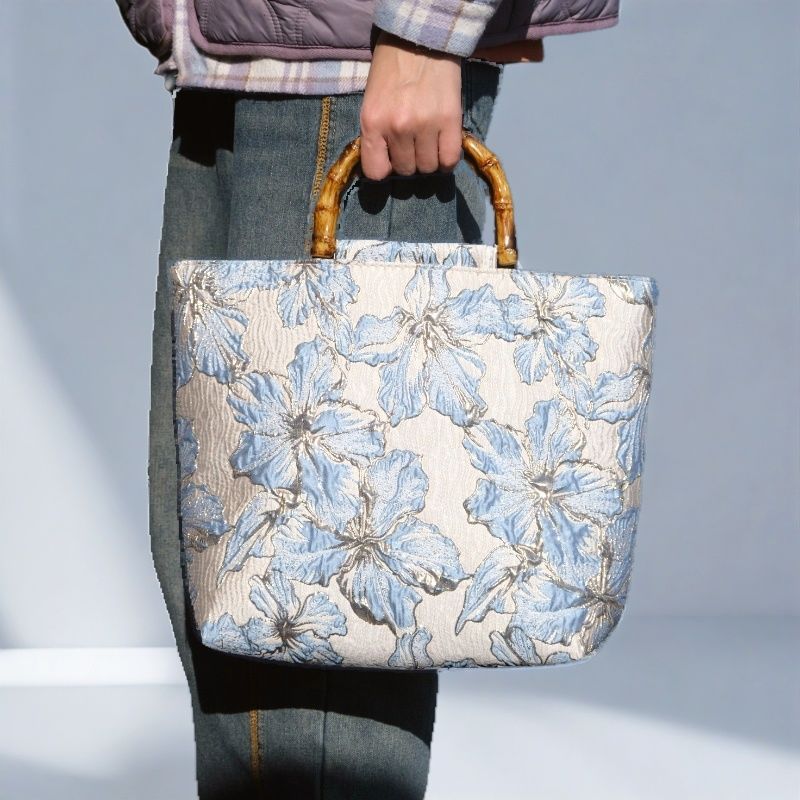 Women’s Light Blue Bronzing Flower Canvas Bag - Ladies’ handbags