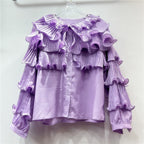 Women’s Luxury Bubble Sleeved Ruffle Top - Purple / Free Size - Blouse