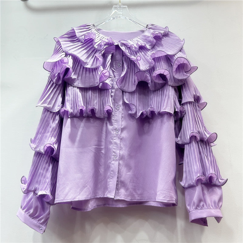 Women’s Luxury Bubble Sleeved Ruffle Top - Purple / Free Size - Blouse