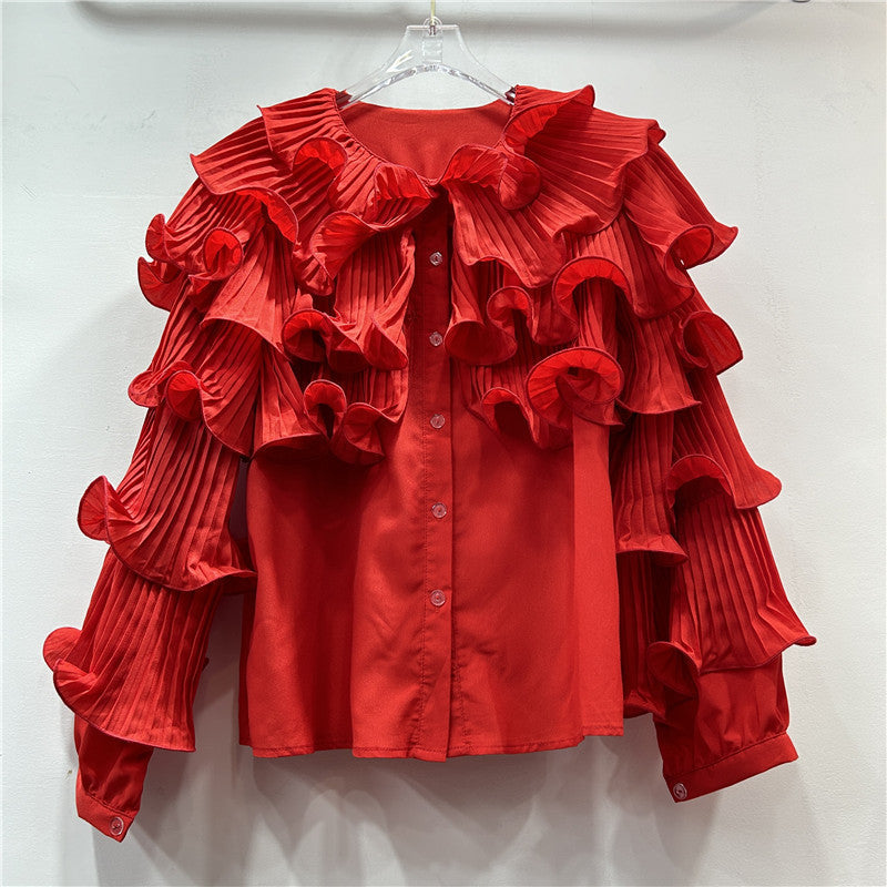 Women’s Luxury Bubble Sleeved Ruffle Top - Red / Free Size - Blouse