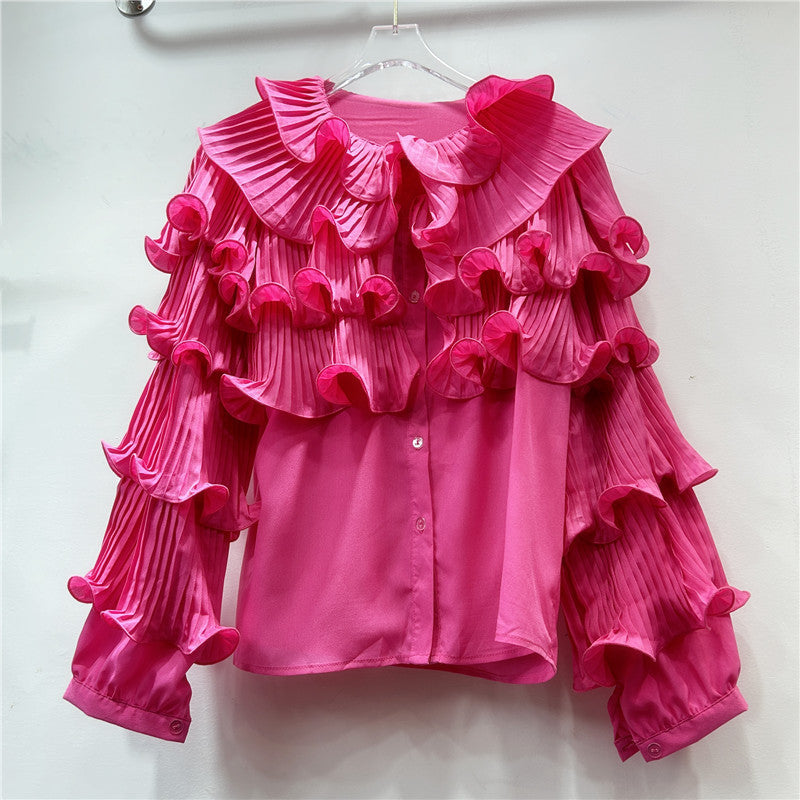 Women’s Luxury Bubble Sleeved Ruffle Top - Rose Red / Free Size - Blouse