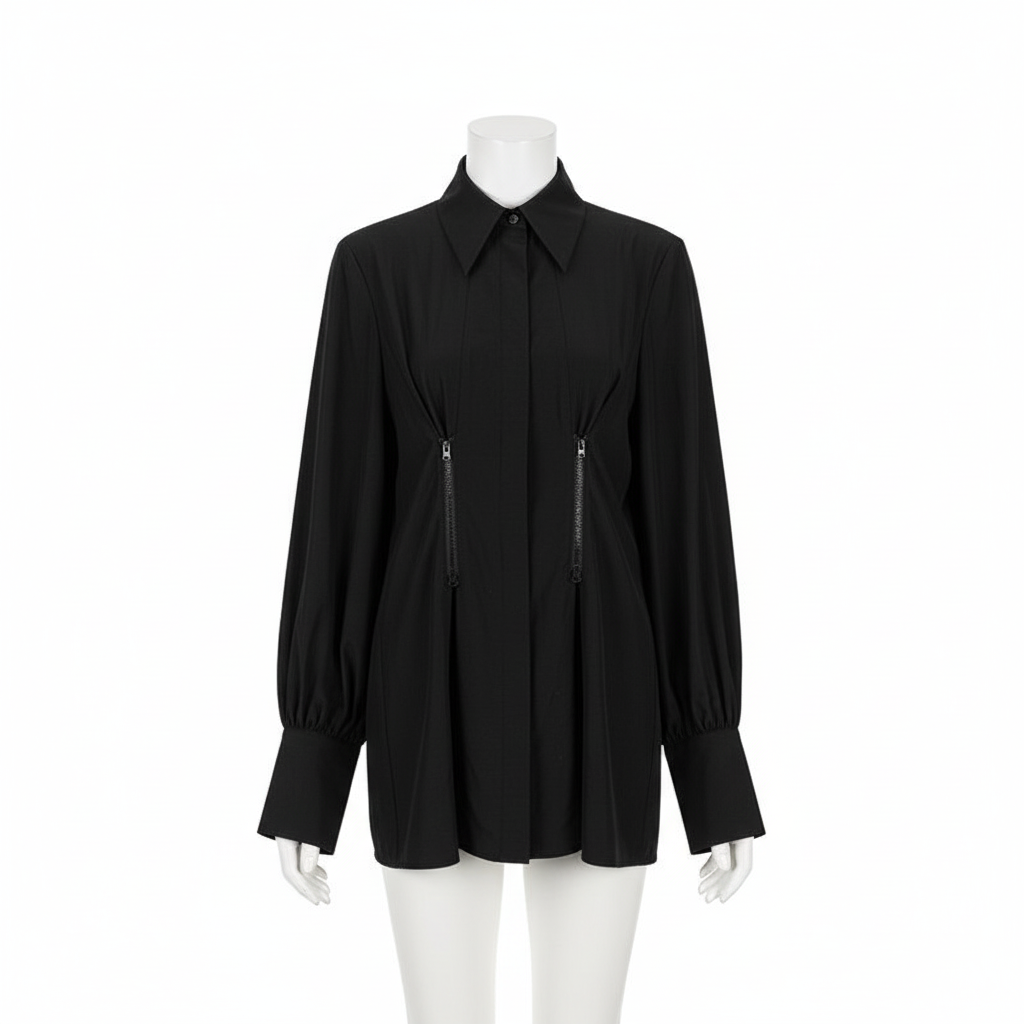 Women’s Luxury Zipper Detailed Blouse, Long Sleeve Waist Trimming Shirt