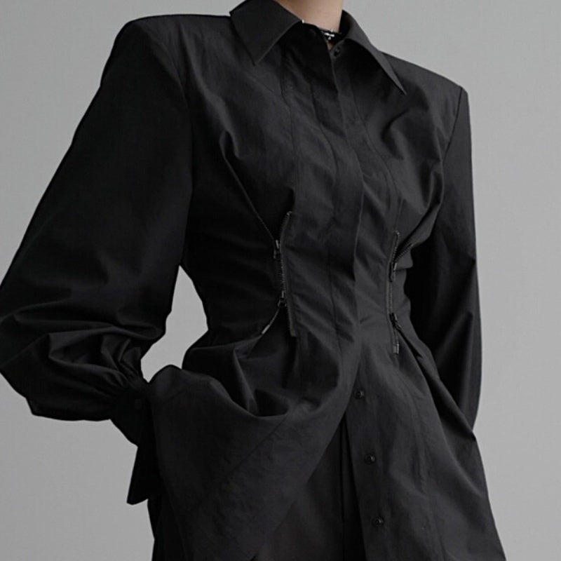 Women’s Luxury Zipper Detailed Blouse Long Sleeve Waist Trimming Shirt - Blouse