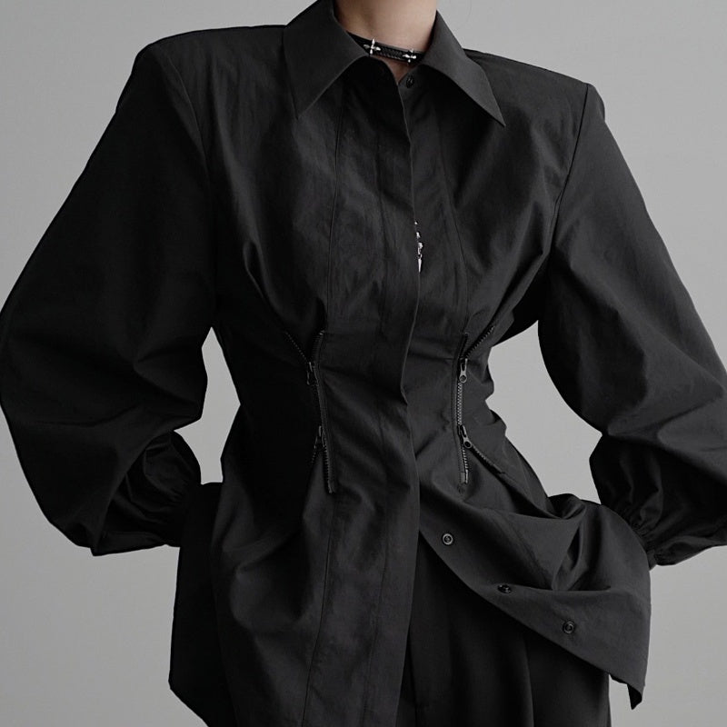 Women’s Luxury Zipper Detailed Blouse Long Sleeve Waist Trimming Shirt - Blouse