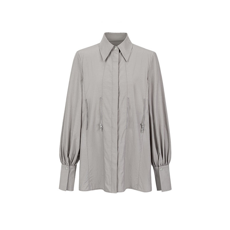 Women’s Luxury Zipper Detailed Blouse Long Sleeve Waist Trimming Shirt - Blouse