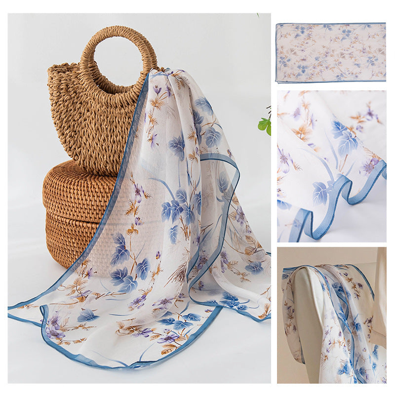 Women’s Mulberry Silk Scarf - Blue Branches And Leaves / 42x160cm - Scarf
