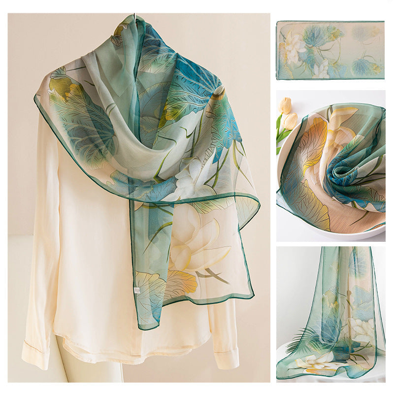 Women’s Mulberry Silk Scarf - Light Green Lotus / 42x160cm - Scarf